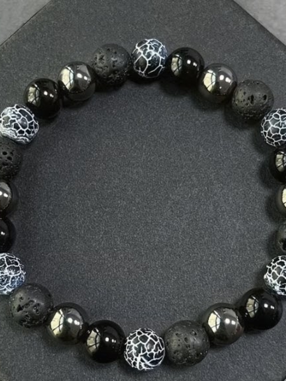 Men's Black Bead Stretch Bracelet with White Crackle Accents
